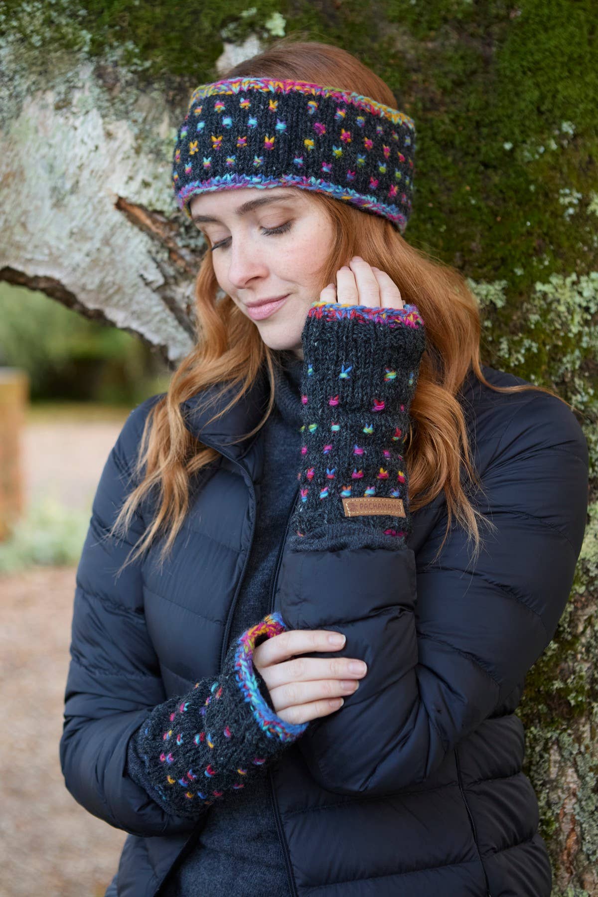Mosaic Space Dyed Wool Knit Ear Warmers Black: One Colour