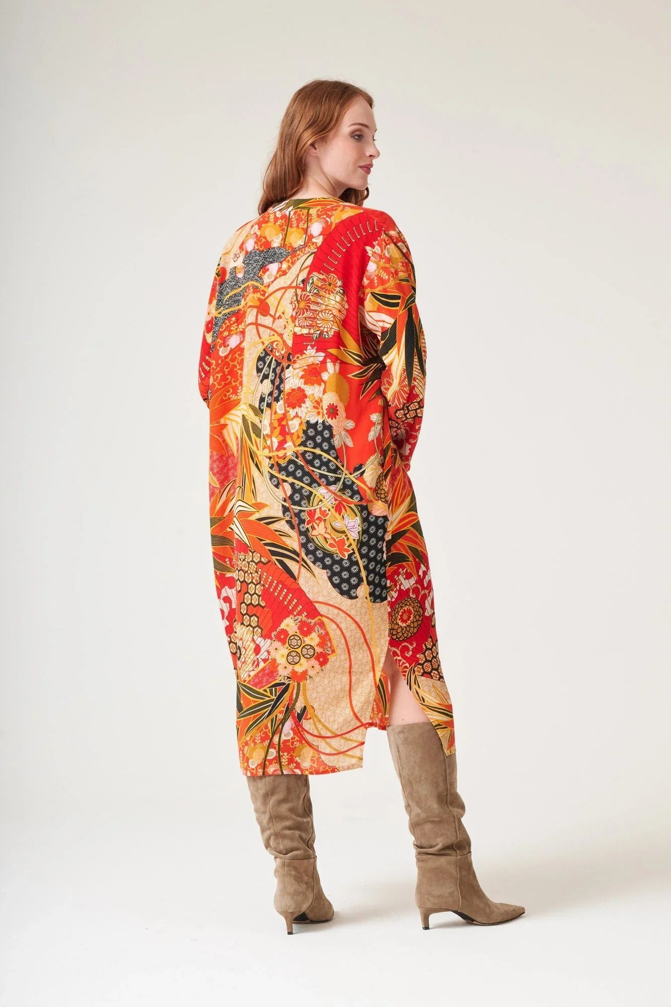 Vibrant Fans Scarlet Midi kimono-style dress in red-orange floral bird patterns