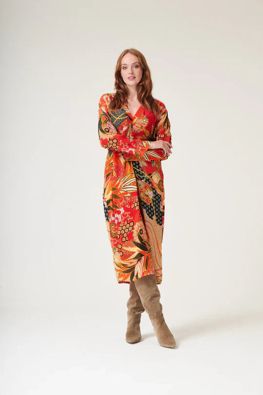 Fans Scarlet Midi Dress: vibrant orange-red floral wrap