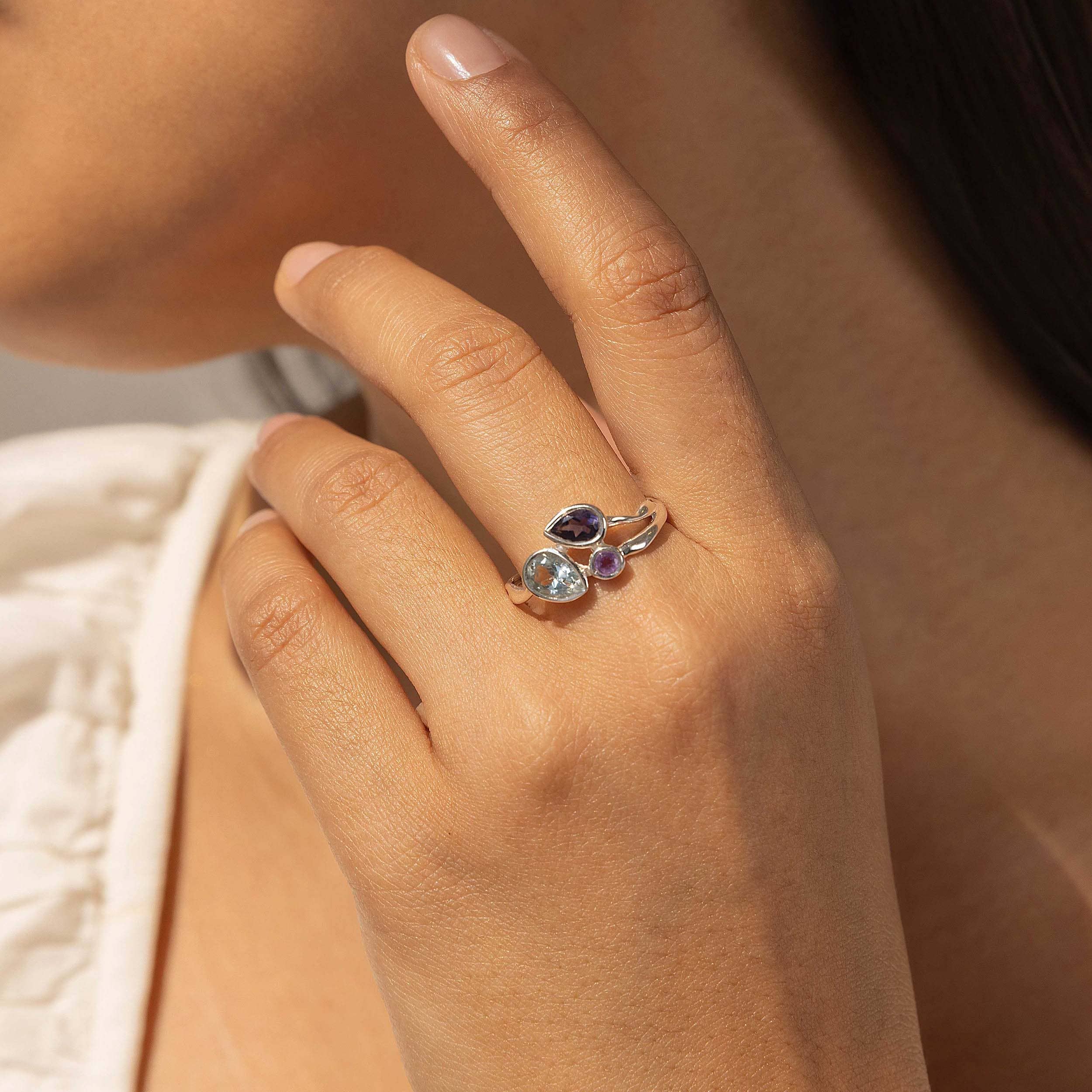 Blue Topaz Iolite and Amethyst Ring