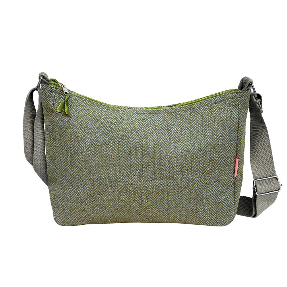 Olive green herringbone Fern Little Shoulder Bag with lime zipper