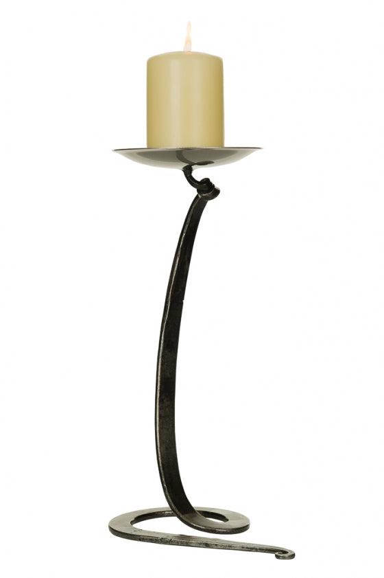 Black wrought iron Flat Swirl Candleholder with twisted design and off-white pillar candle