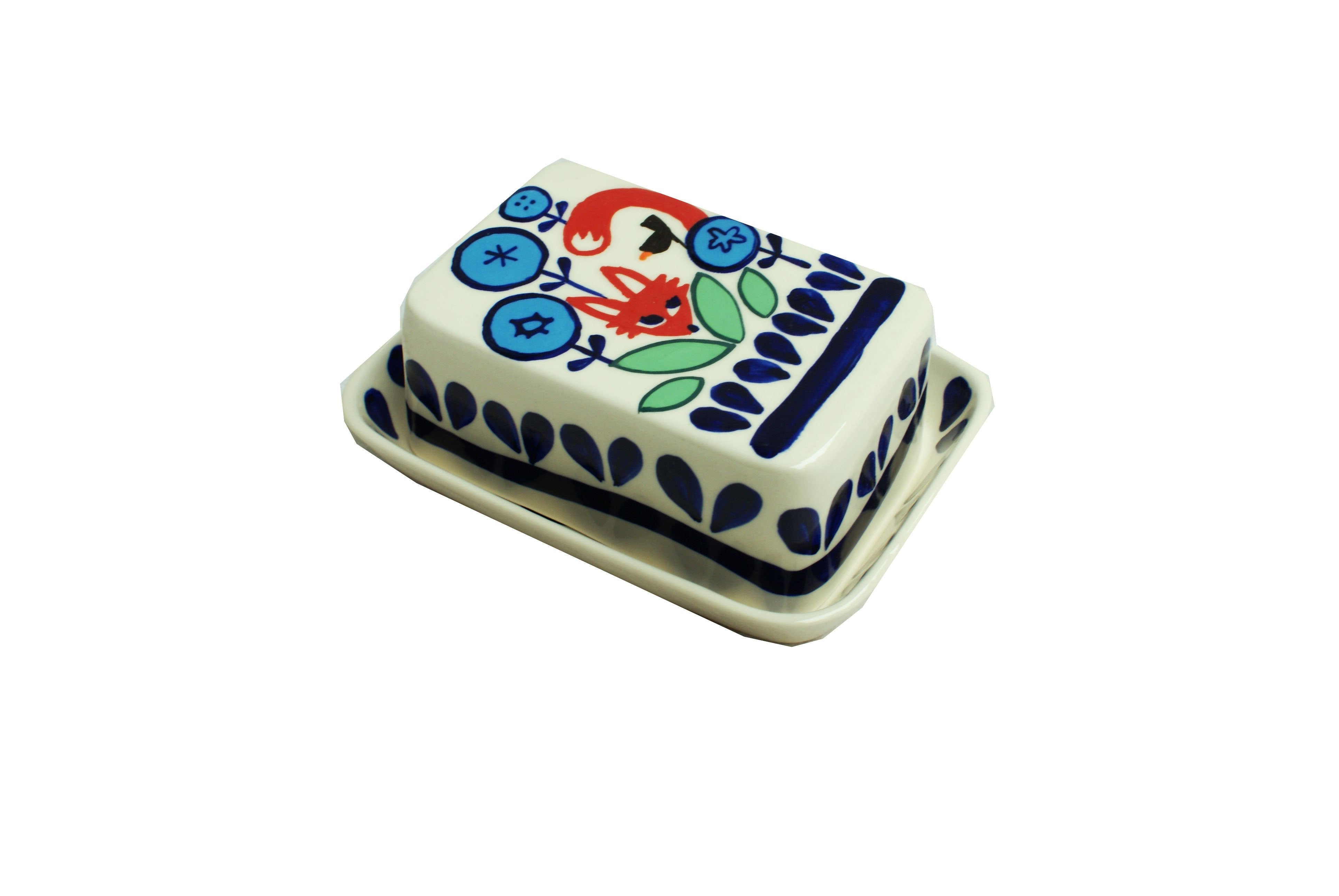 Charming white Flora Butter Dish with red fox and blue flowers