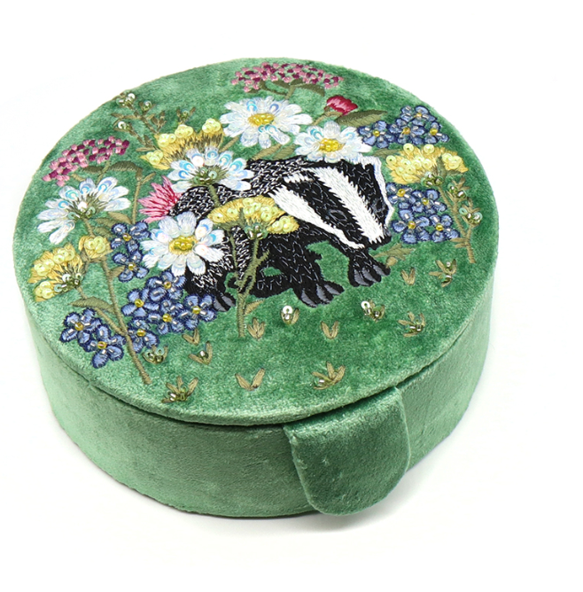 Floral & Badger Embroidered Round Jewellery Box - Scotland