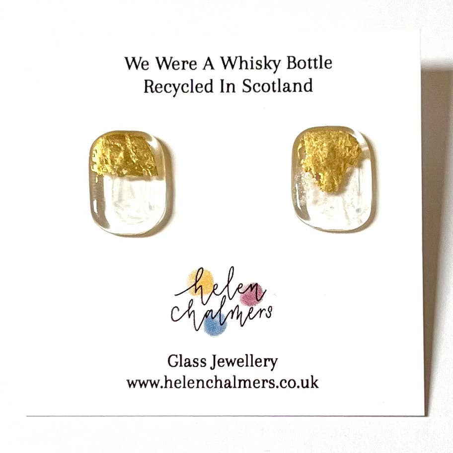 Freeform Panel Stud Earrings Recycled Whisky Bottle and Gold - Gifts Under £15 - Scotland