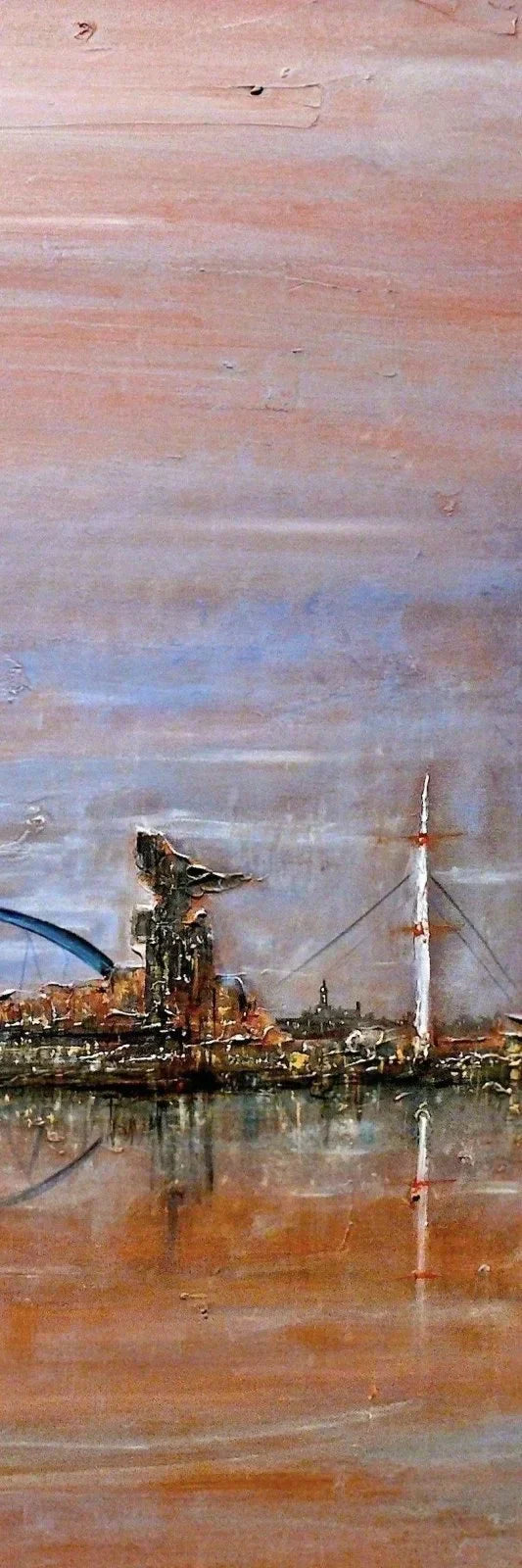 Glasgow Harbour Triptych impressionistic painting in warm orange tones