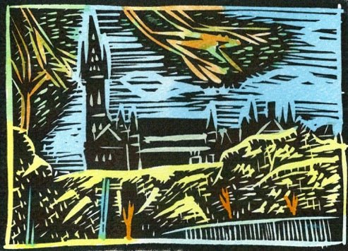 "Glasgow University Through Trees" Lino Cut Framed Print - The Nancy Smillie Shop - Art, Jewellery & Designer Gifts Glasgow