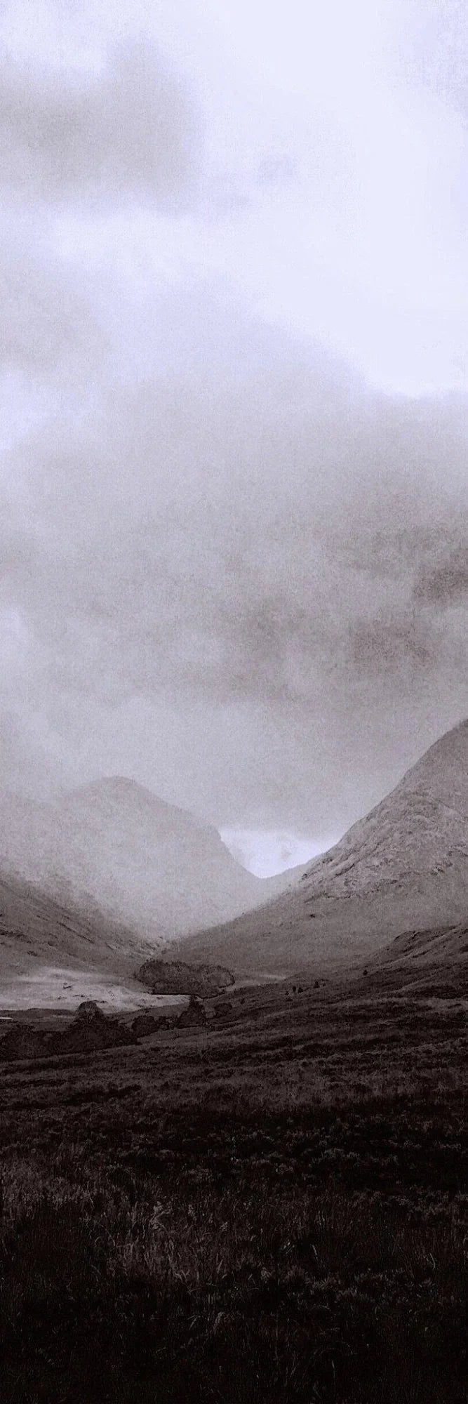 Glencoe mist triptych: misty Scottish mountain range with rugged peaks