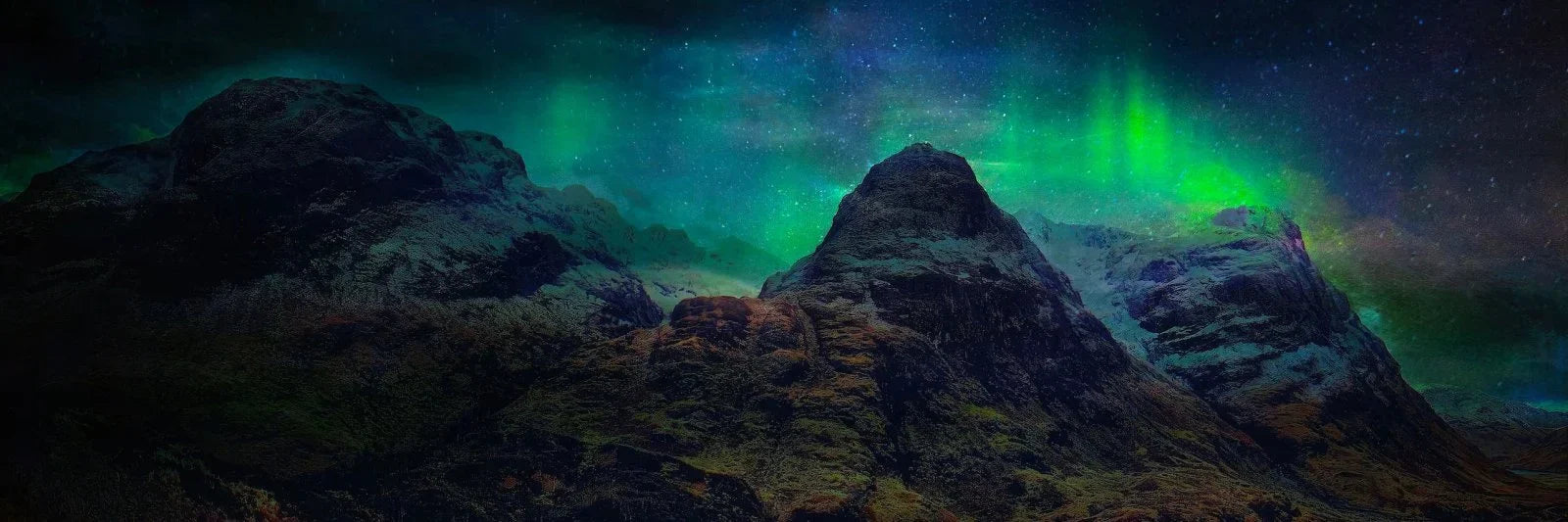 Glencoe Northern Lights: Snow-capped peaks under green auroras, Scottish wall art
