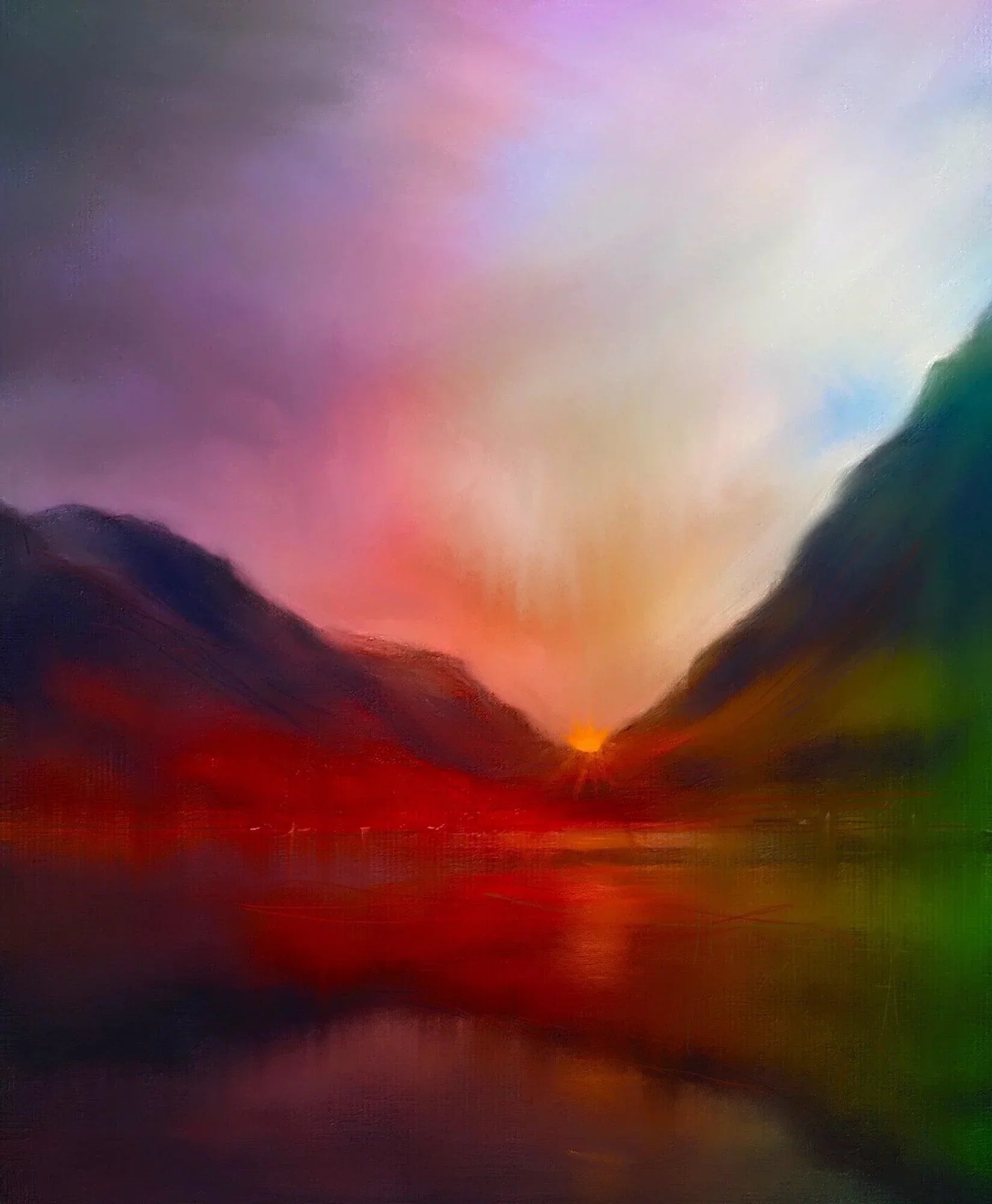 Vibrant abstract Glencoe Sunset painting, surreal Scottish wall art