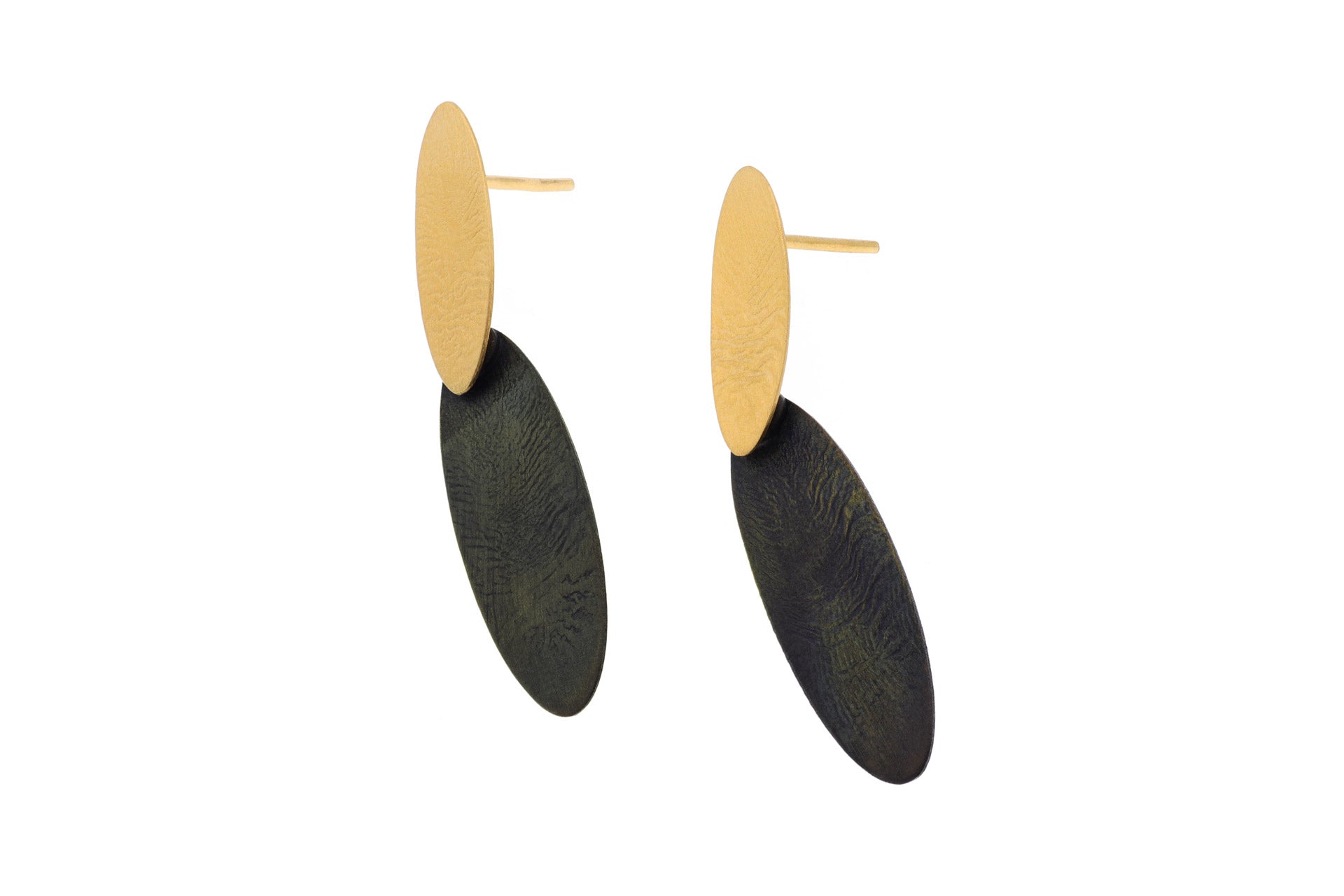 Gold and black oval drop earrings with minimalist two-tiered design