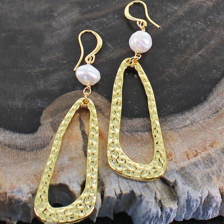 Gold Plate Hammered Oval Earrings with Pear - The Nancy Smillie Shop - Art, Jewellery & Designer Gifts Glasgow