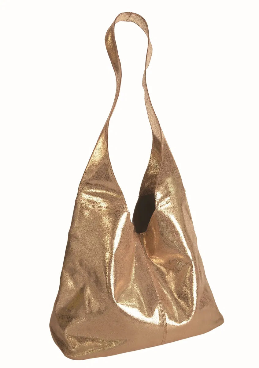 Golden Metallica slouch bag with shimmering gold metallic design