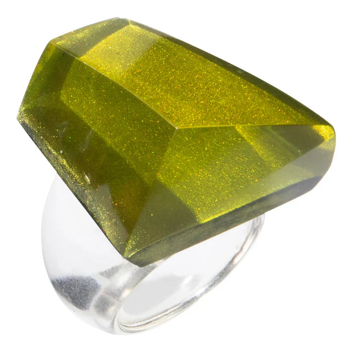 Bold faceted olive-green resin Green Ring with glittery finish