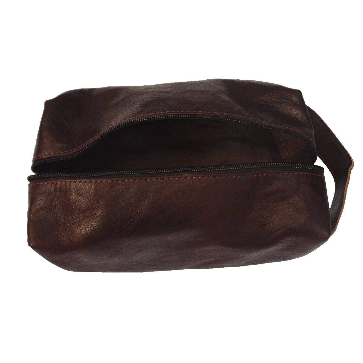 Handmade brown leather wash bag with zipper and handle