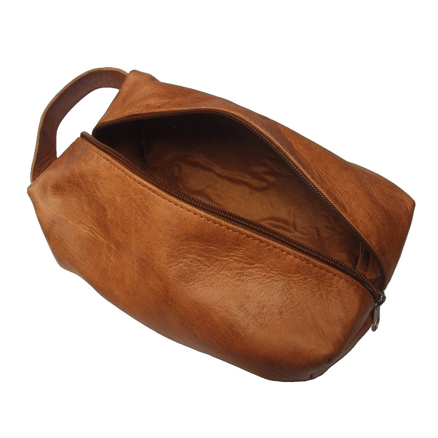 Brown handmade leather wash bag with top handle and zipper
