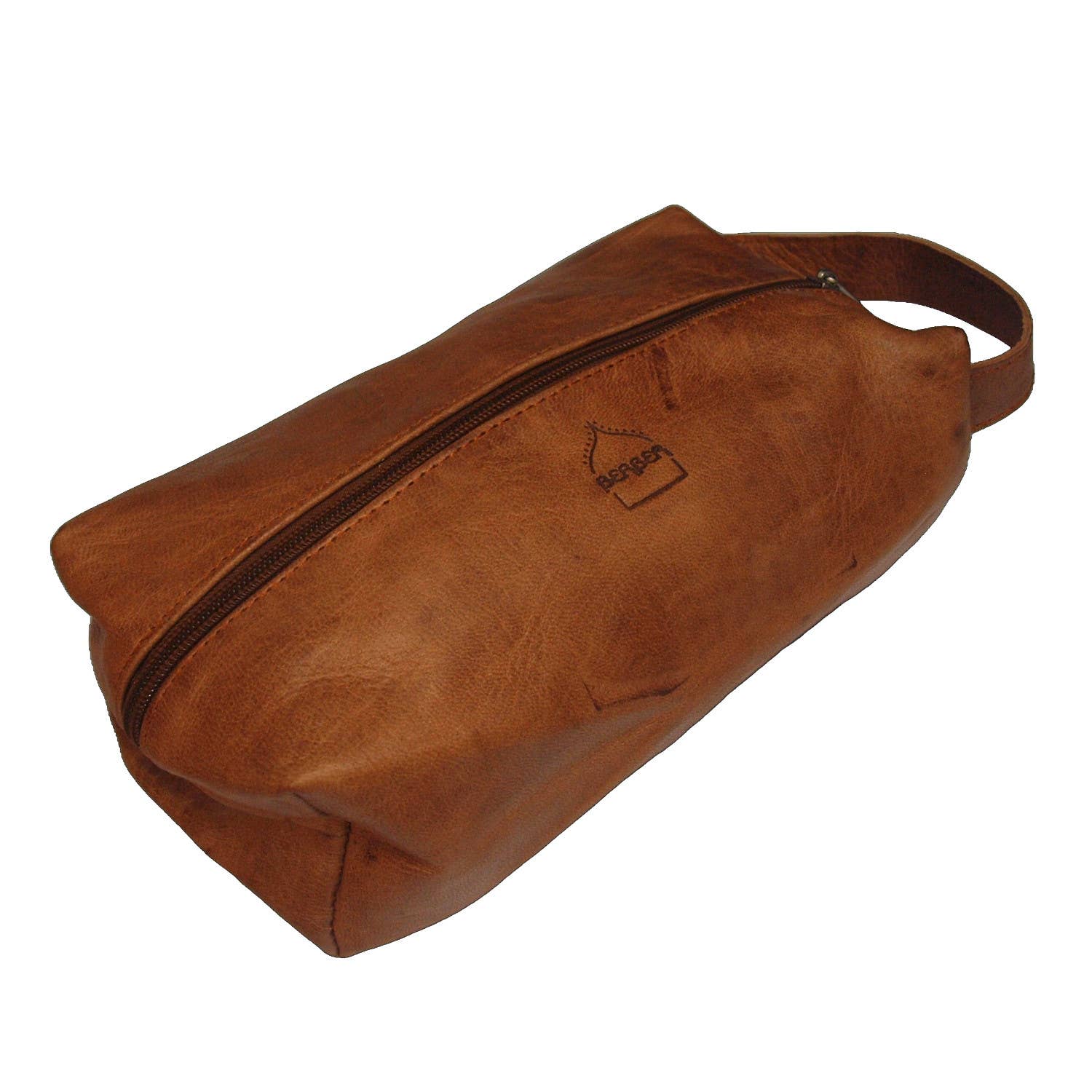 Handmade brown leather wash bag with zipper and handle