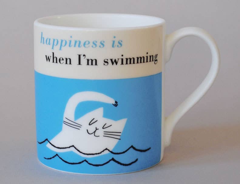 Happiness Swimming Cat Bone China Mug Turquoise - Mugs - Scotland
