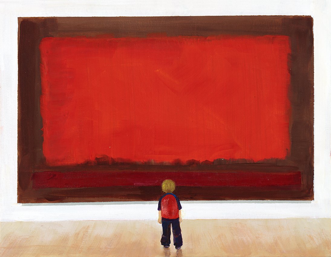 Bold red Rothko-inspired print in dark brown frame with subtle brushstrokes