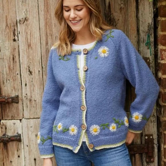 Large Daisy Chain Cardigan: blue knit with embroidered daisies