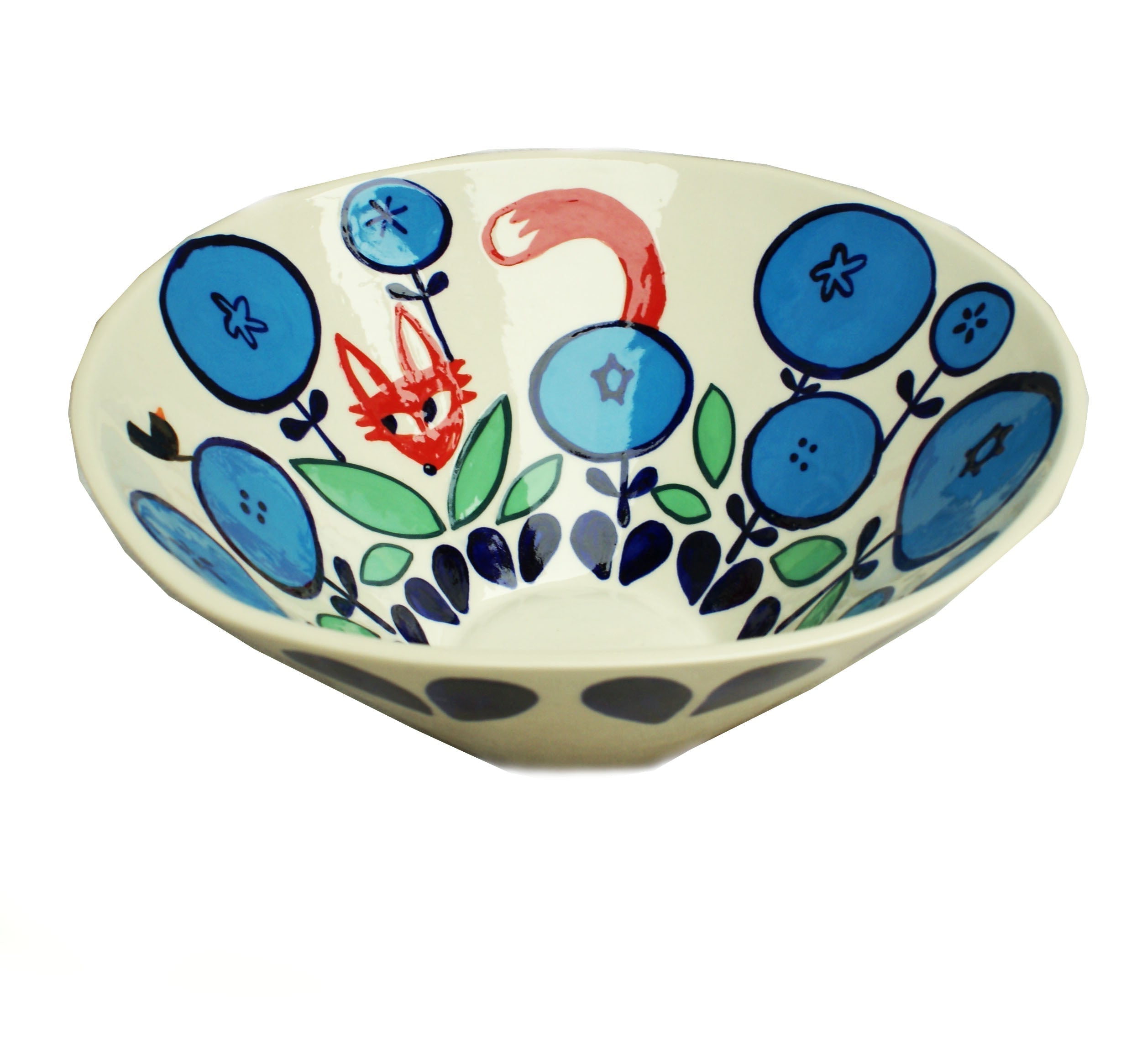 Large cream-colored ceramic Flora Bowl with playful fox and blue floral pattern