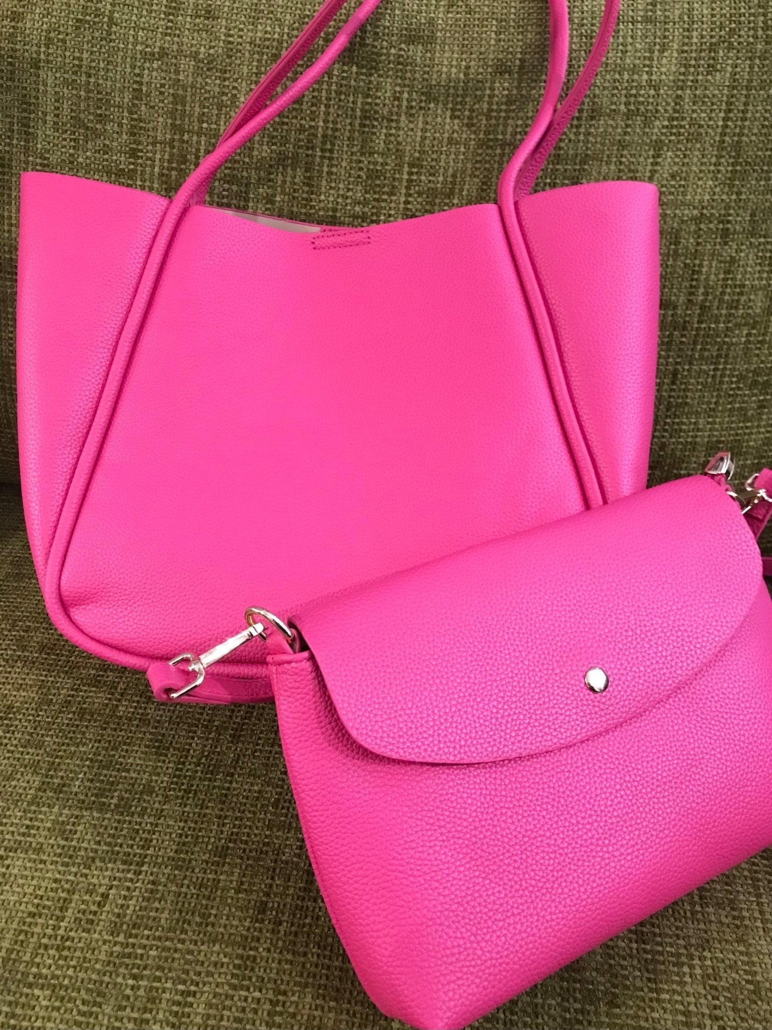Bright pink textured leather large fuchsia tote bag with matching clutch