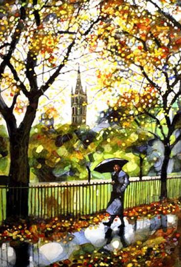 Person with black umbrella walking wet autumn park path, golden leaves
