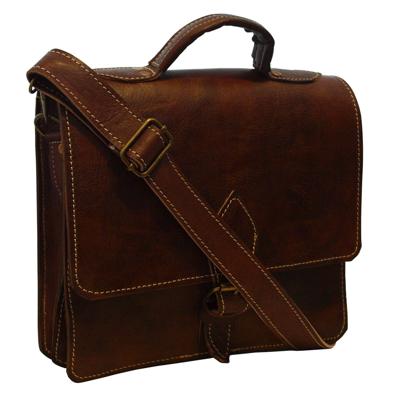 Dark brown Leather Mini Satchel The Casablanca with tan stitching and brass hardware