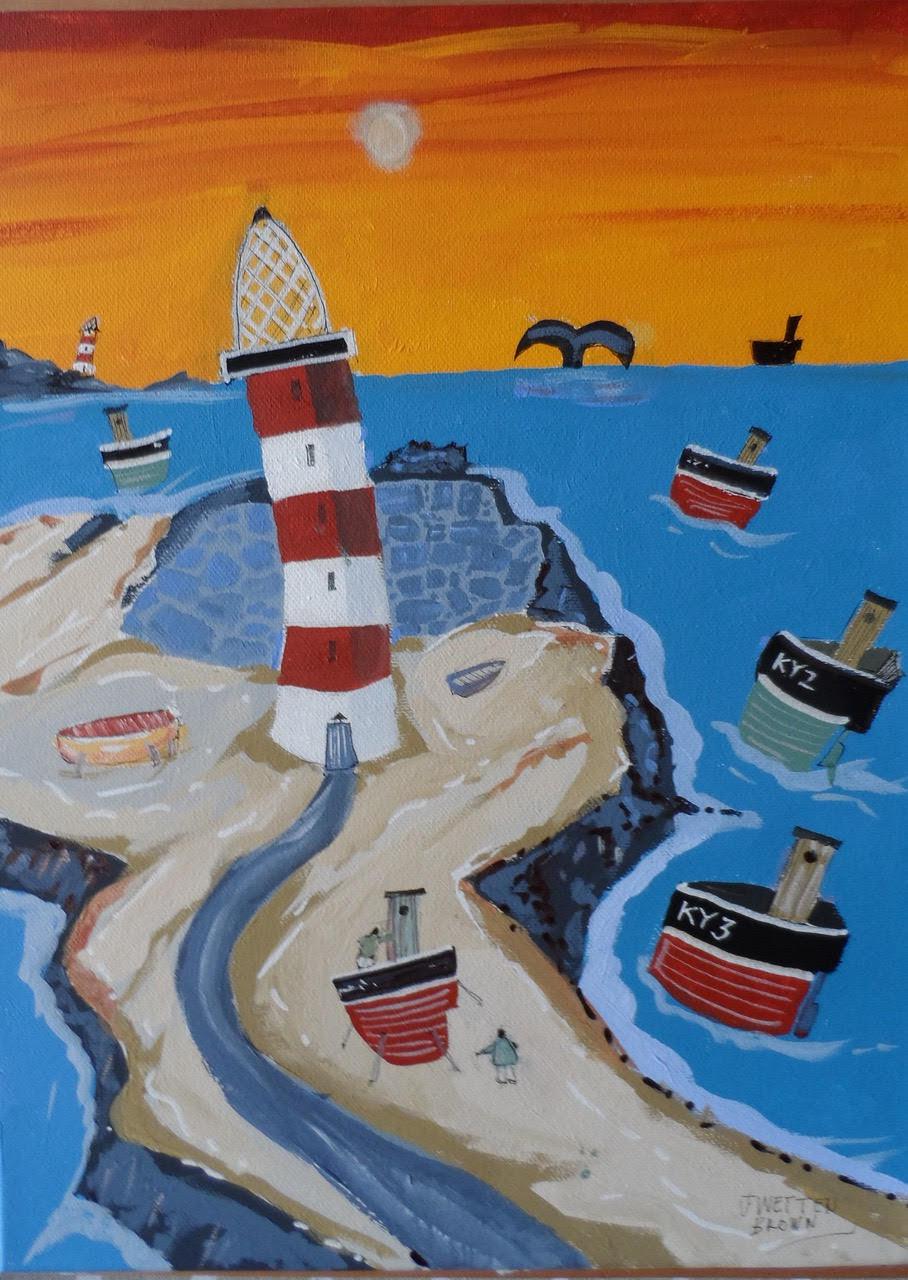Red and white striped lighthouse on rocky coastal outcrop