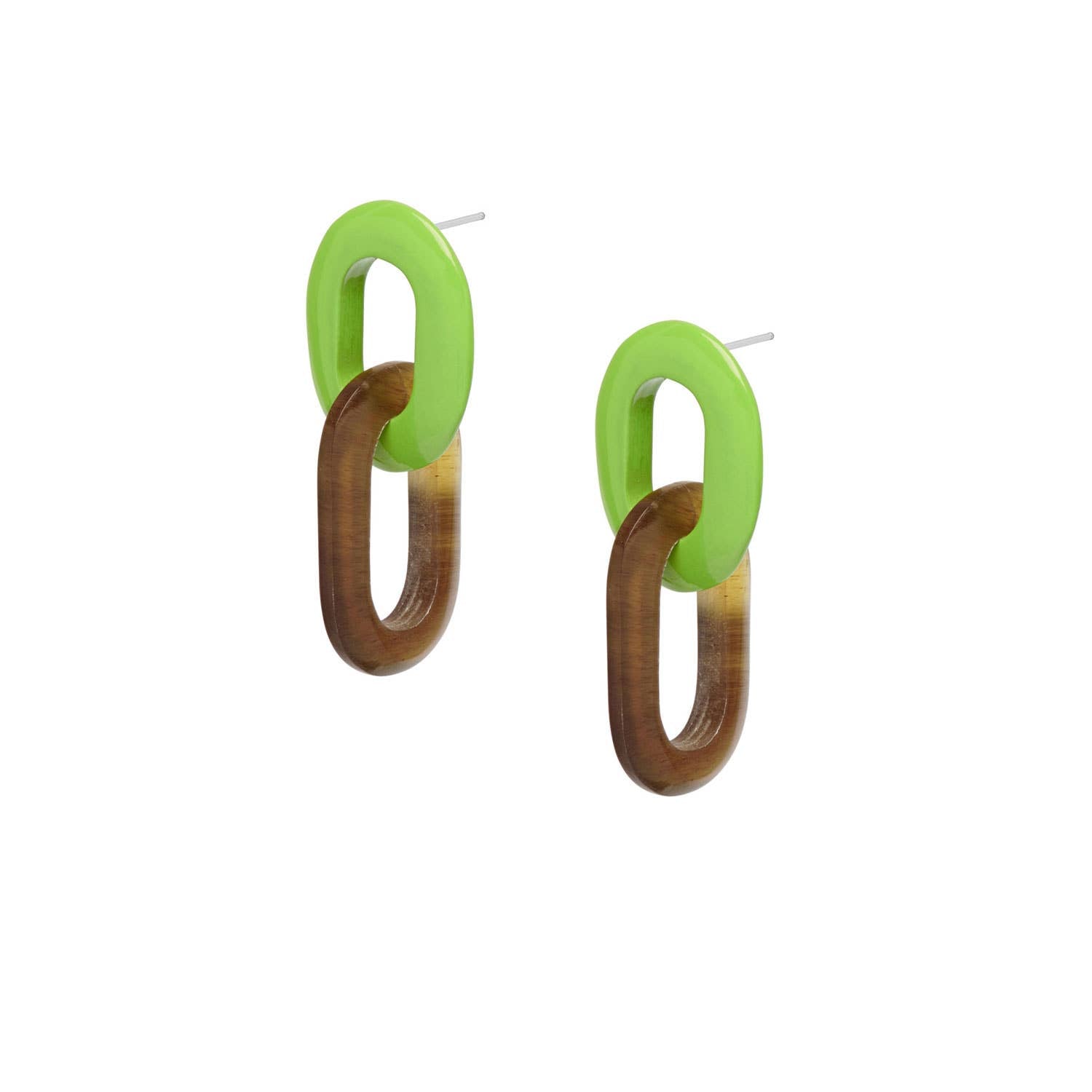 Lime green and brown gradient resin chain-link earrings