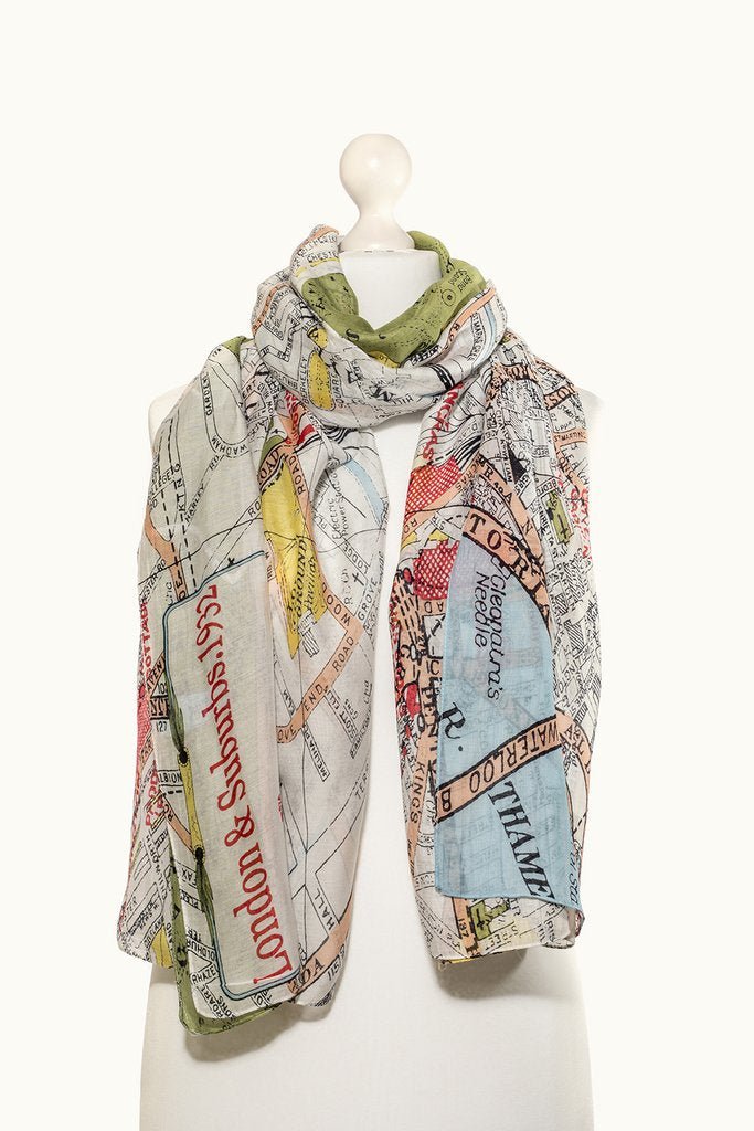 Lightweight London Map Scarf with detailed muted map and red text