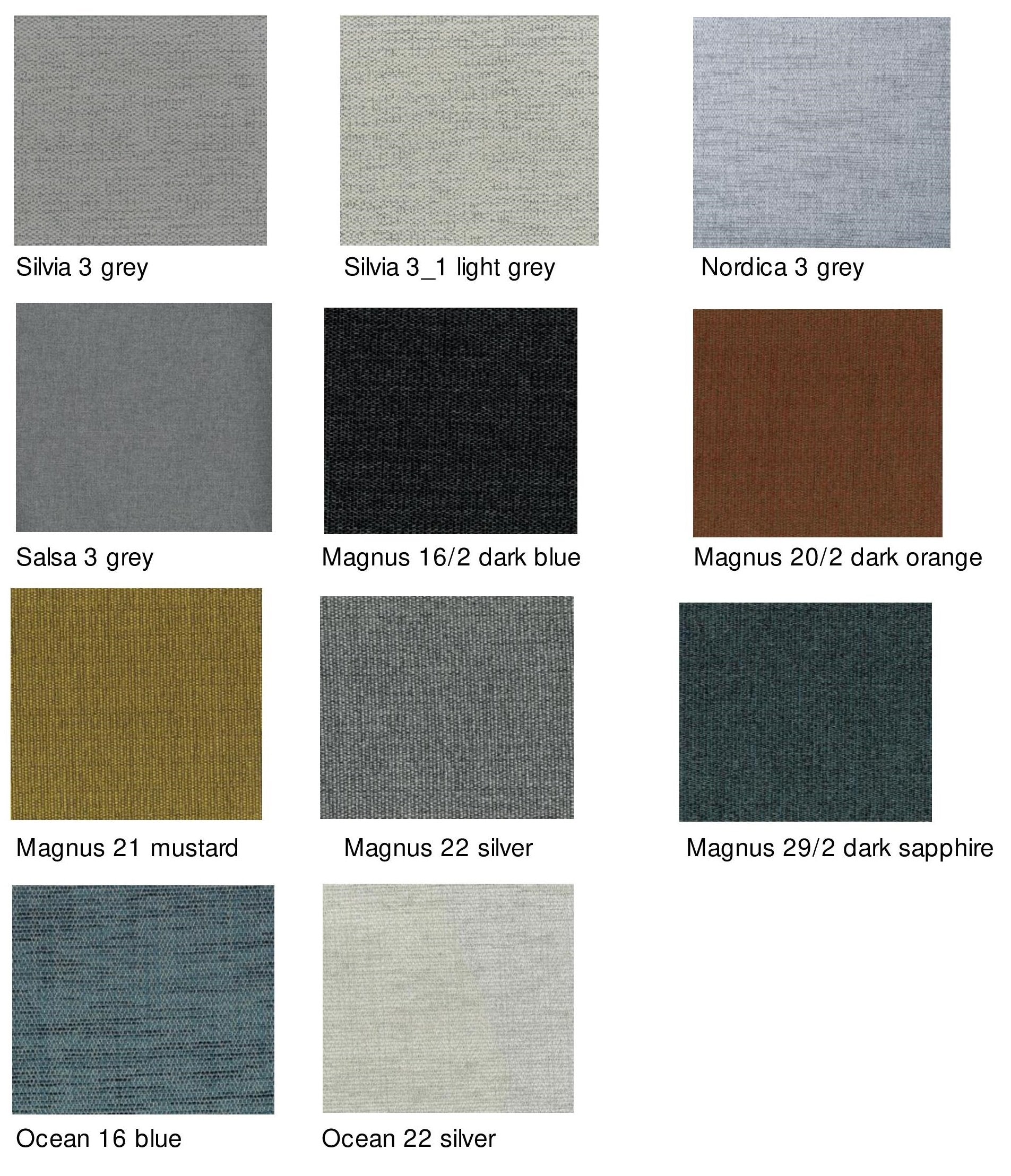 Lydia Sofa 2 Seater grey display with nine fabric swatches in greys, blues, blacks, mustard, and dark orange