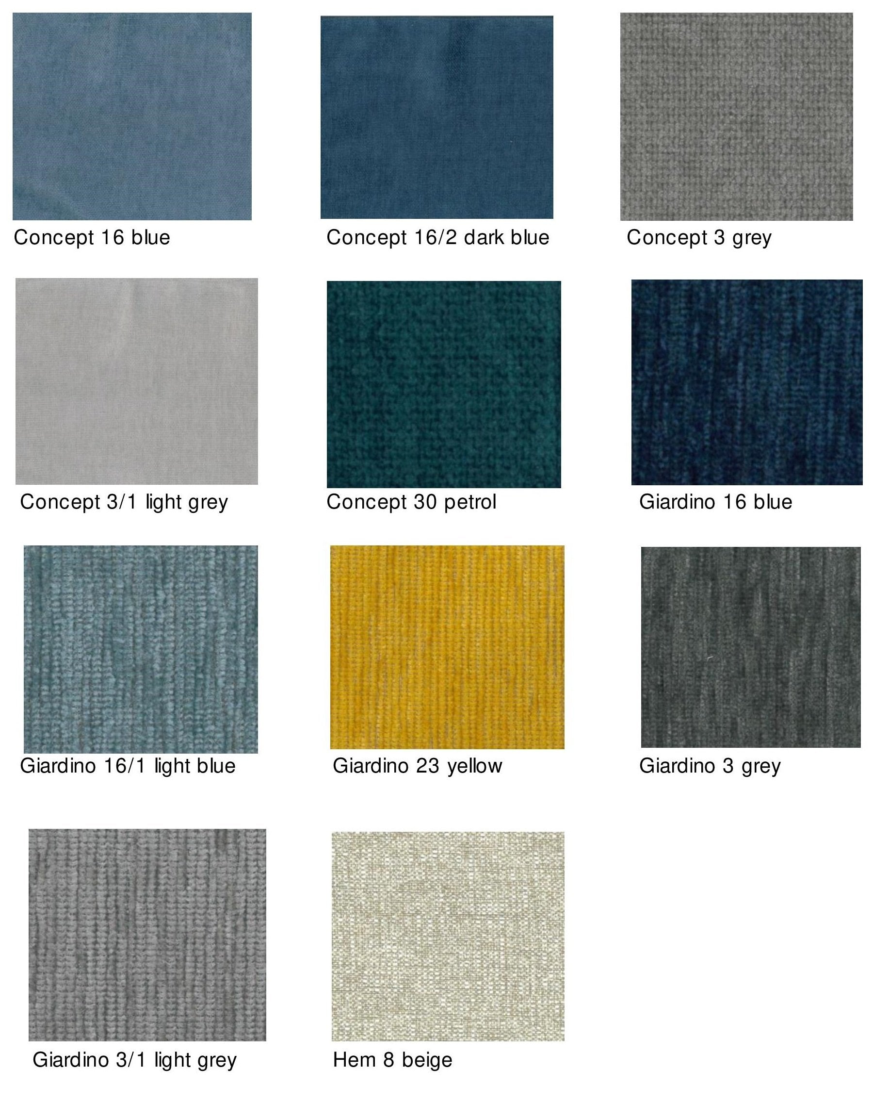 Lydia 2-seater sofa in grey with nine fabric swatches in blues, greys, yellows, beiges