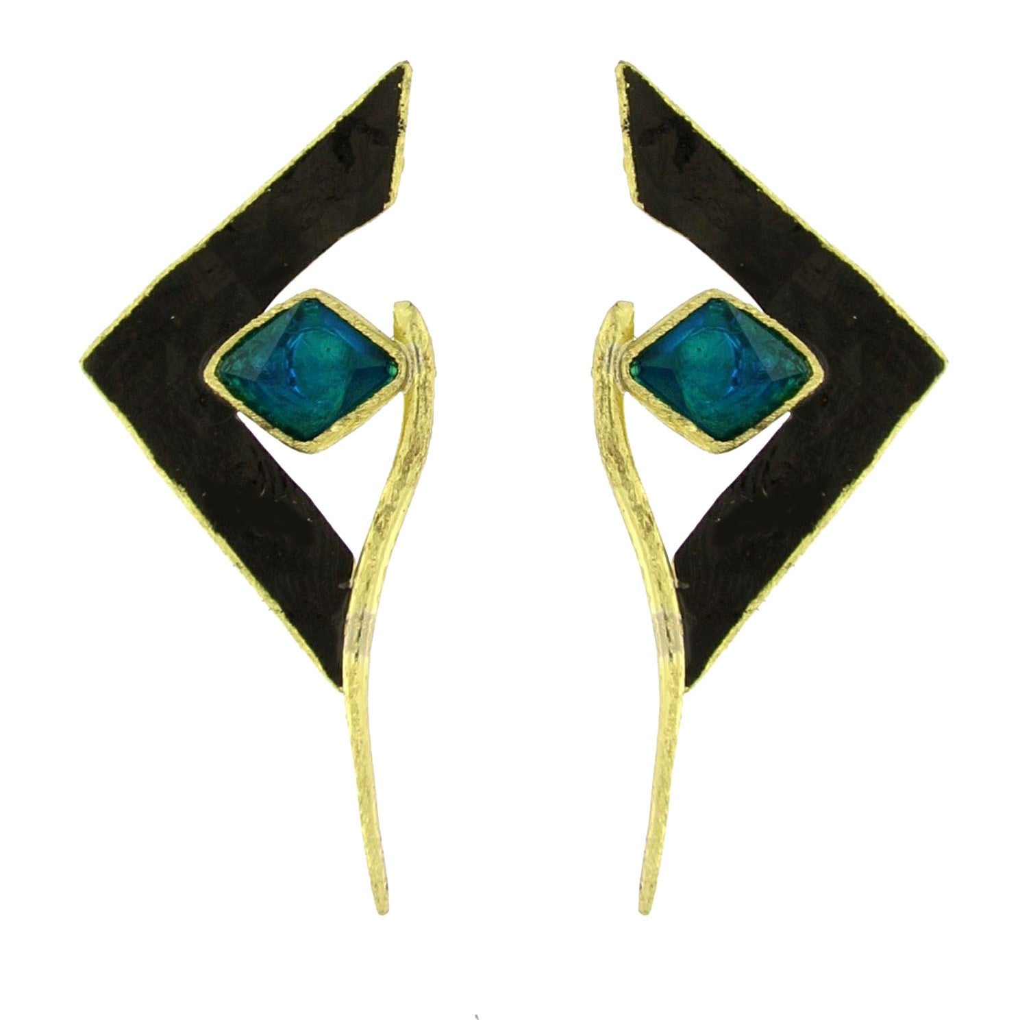 Gold-toned Mata Earrings with black enamel arrowhead and teal stone