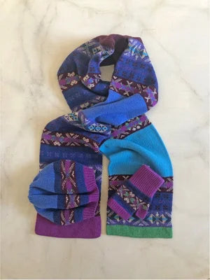 Vibrant May Stripe Zephyr knit scarf in purple, blue, teal geometric patterns