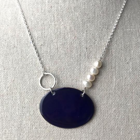 Mediterranean Blue Oval Necklace with navy pendant, silver chain, 3 white pearls