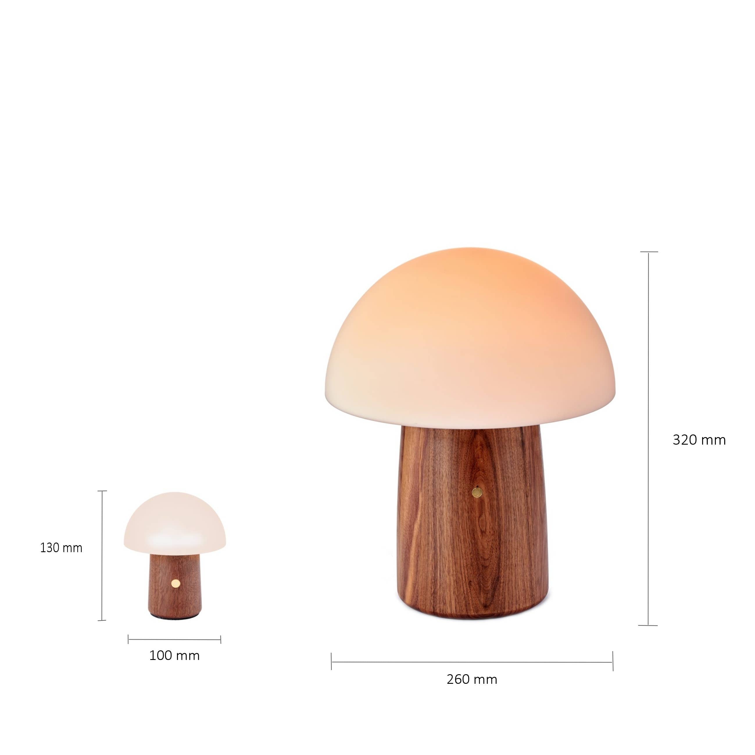 Mini Alice Mushroom Lamp: Warm-toned frosted glass cap on walnut base