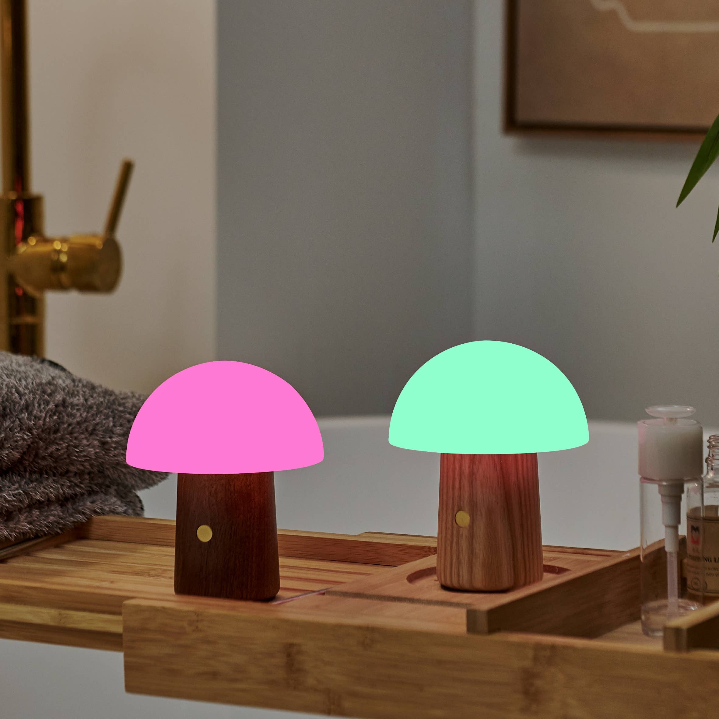 Mini Alice Mushroom Lamp: Walnut Mini with pink and mint green light