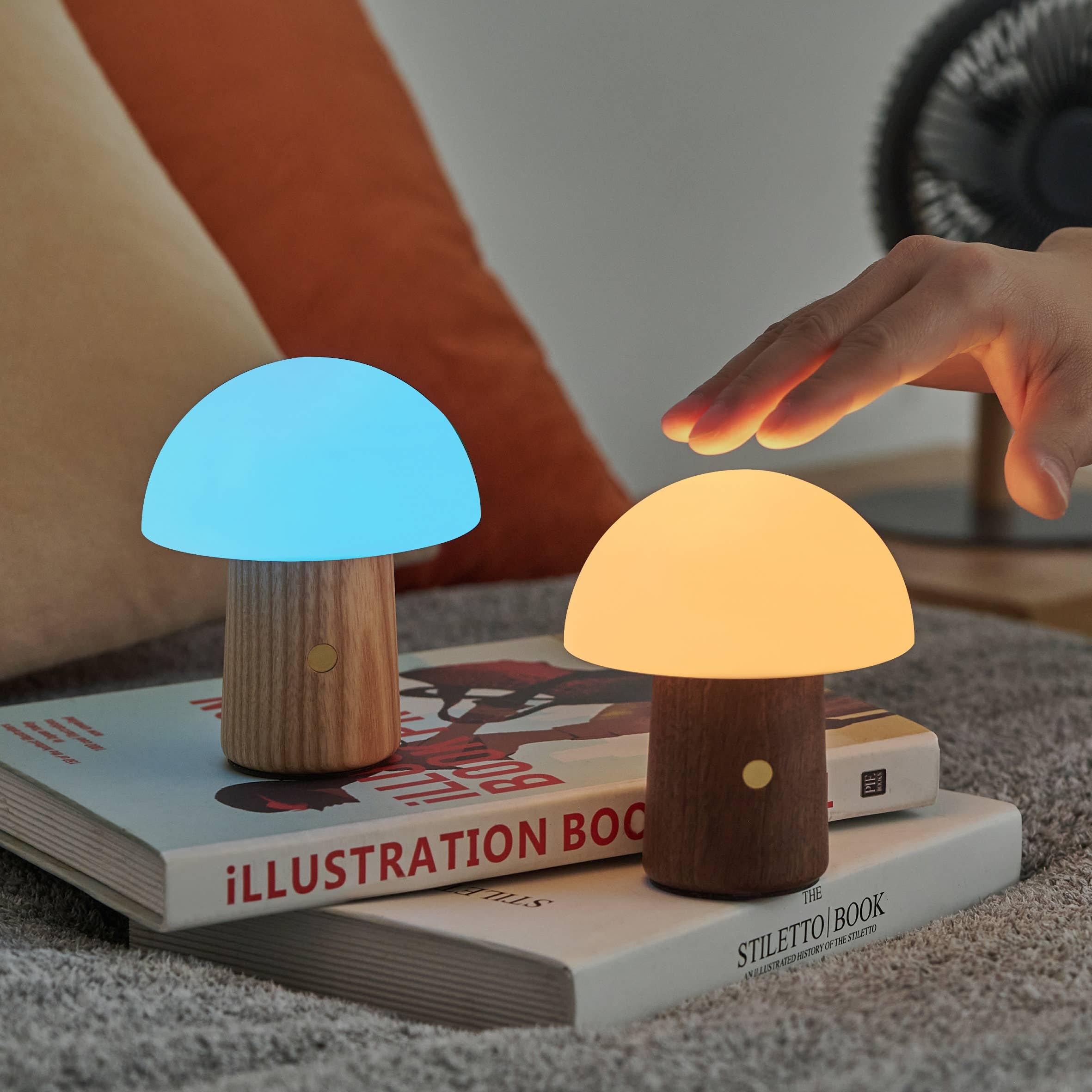 Mini Alice Mushroom Lamp: Walnut glowing blue and yellow nightlights