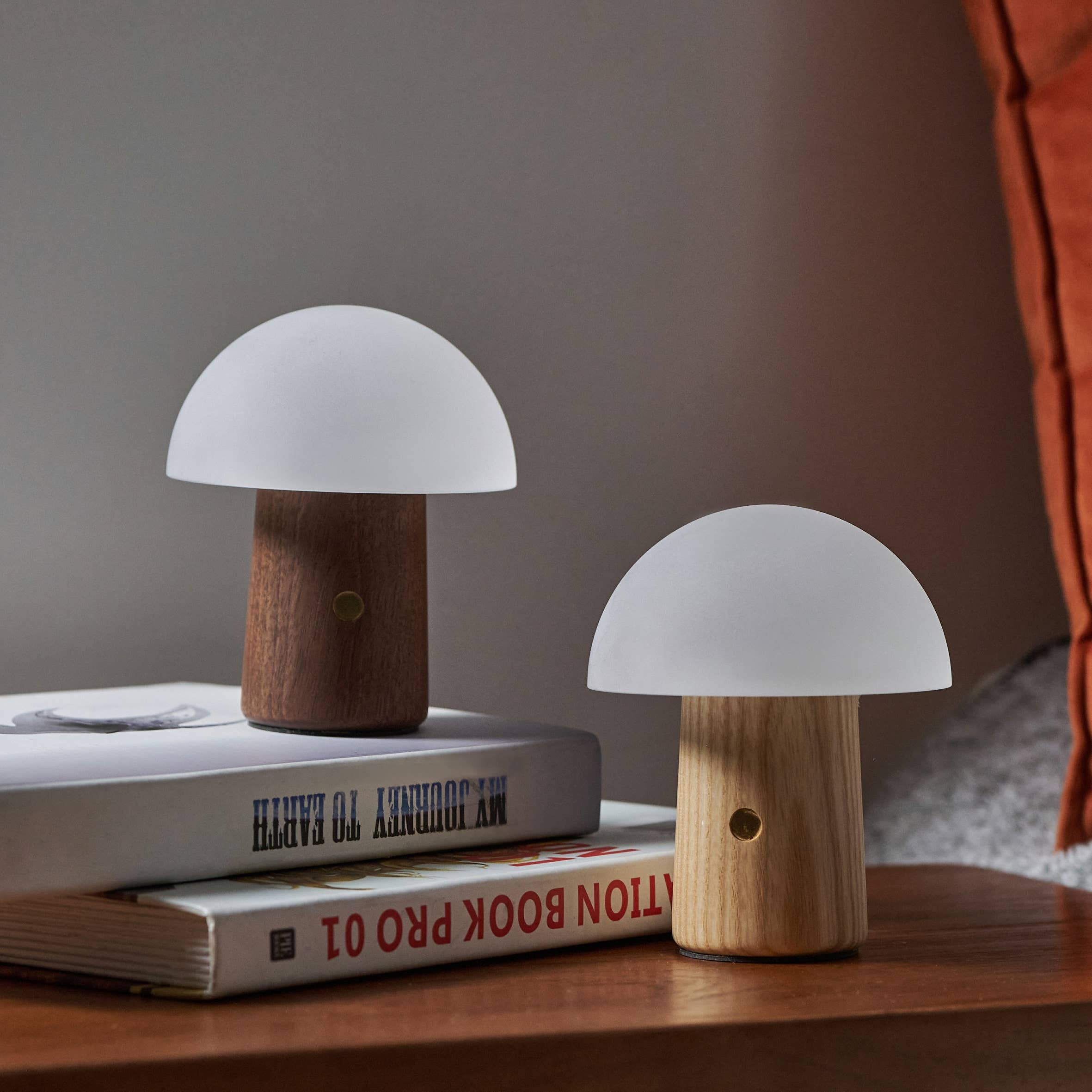 Two Mini Alice Mushroom Lamps: walnut and oak with frosted glass