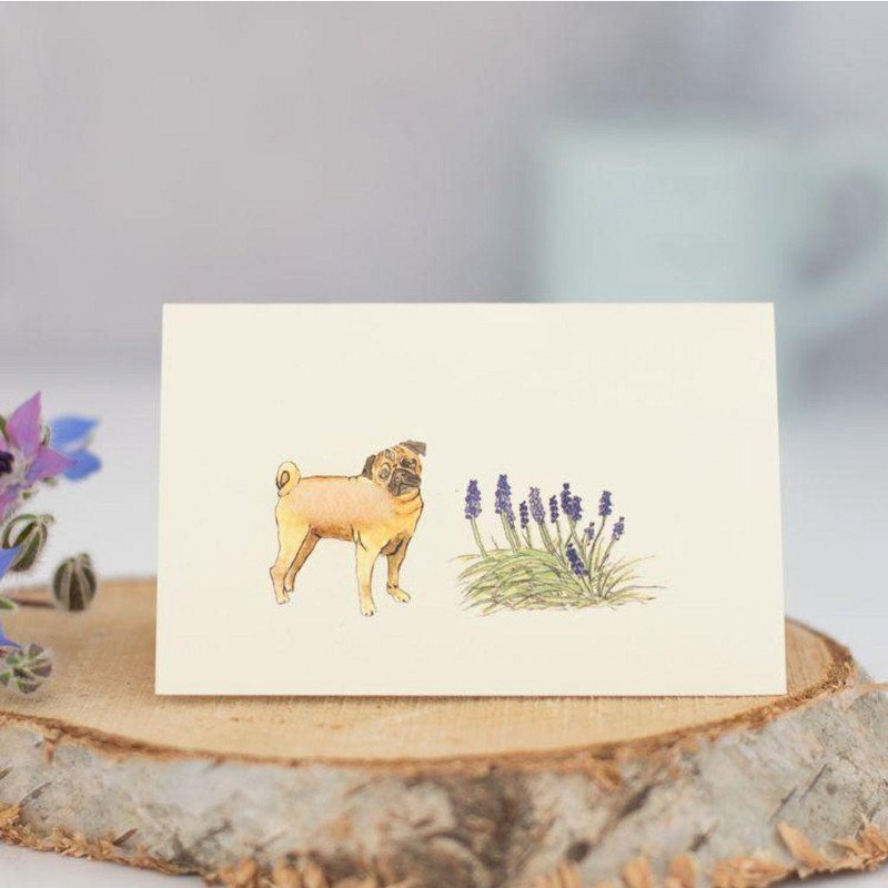 Mini Pug and Flowers greeting card with watercolor fawn pug and lavender