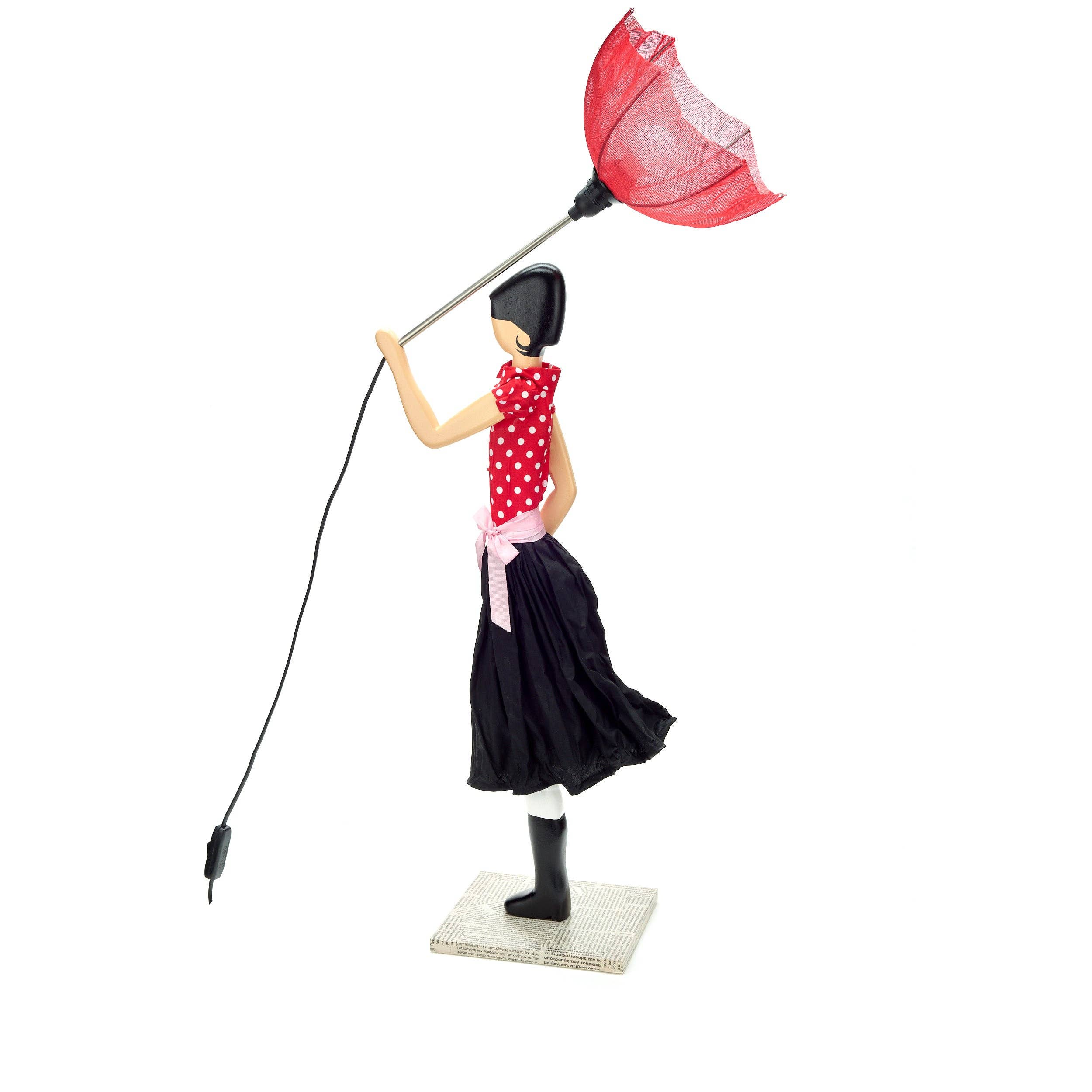 Minnie Lady Lamp: red mesh umbrella with woman figurine in polka-dot top