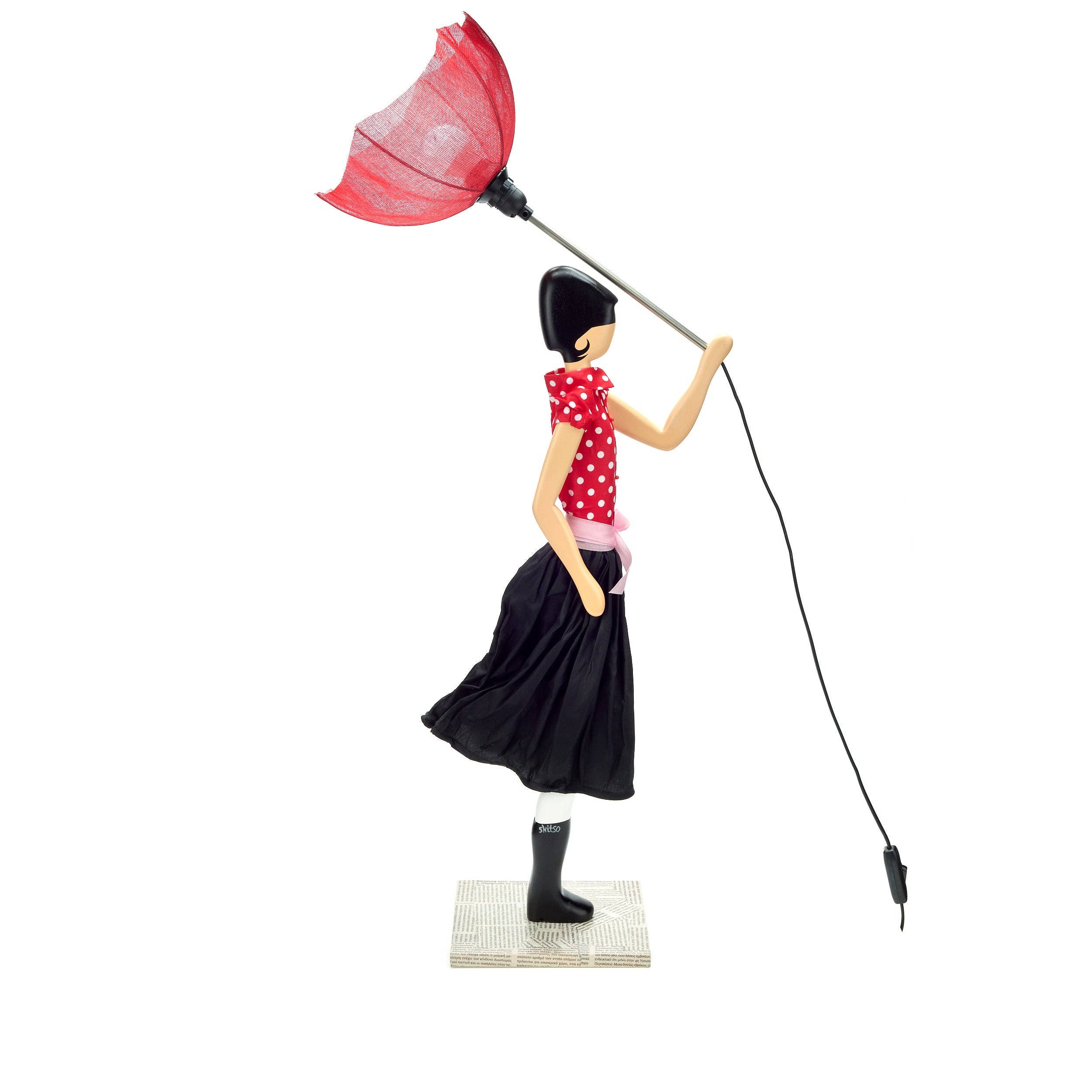 Minnie Lady Lamp: figurine of woman in red polka-dot top holding red mesh umbrella