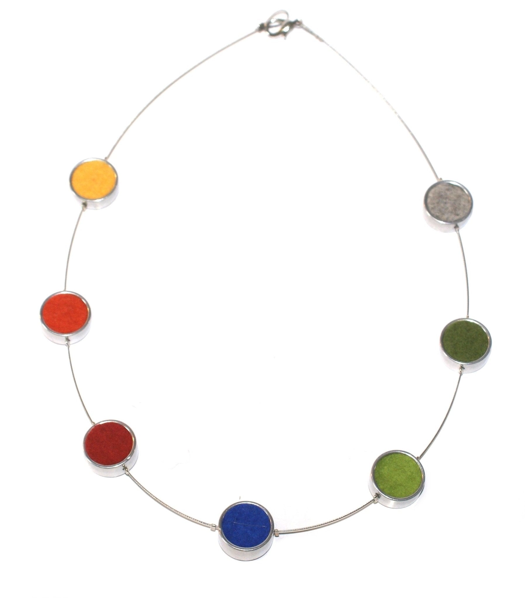 Multi-coloured felt circle necklace with vibrant enamel beads on silver chain