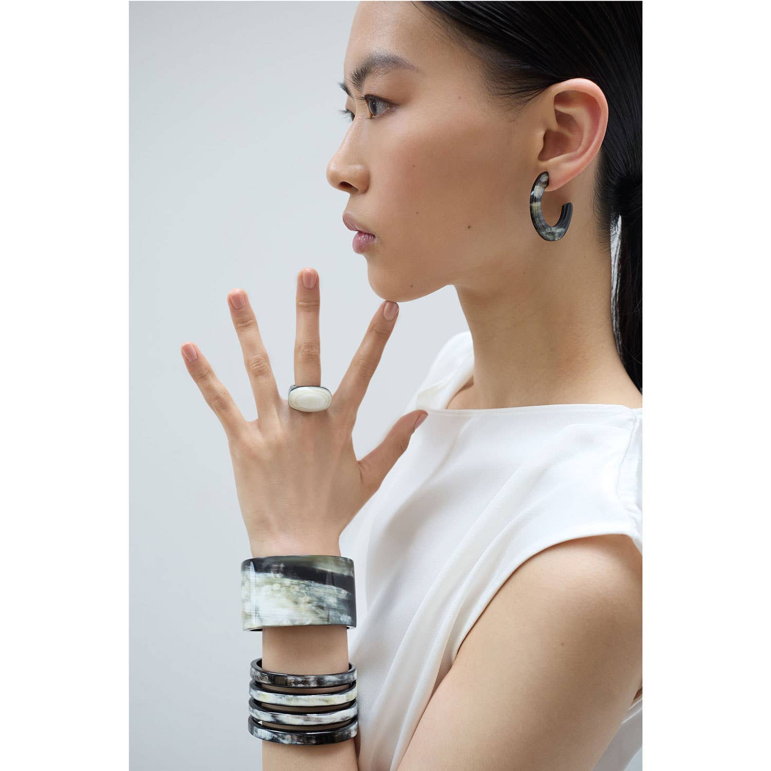 Black and white marbled resin cuff bracelet, sleek modern oval horn statement ring gift