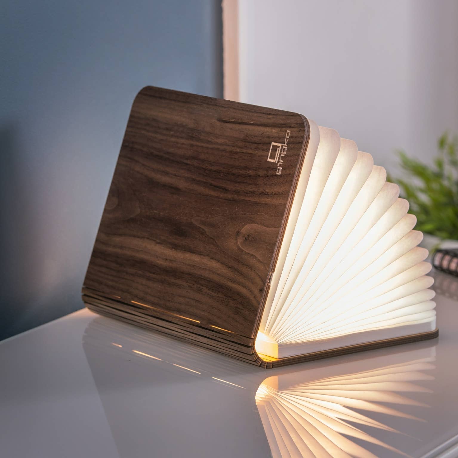 Sleek maple mini smart book light with warm glowing pages