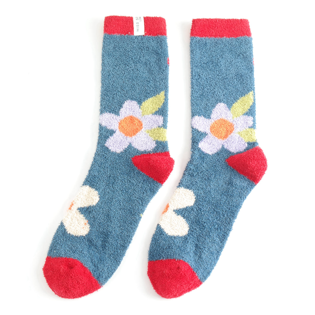 Navy Fluffy Flower Socks - Cosy up! - Scotland