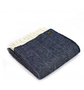 Navy herringbone wool throw blanket with cream fringe