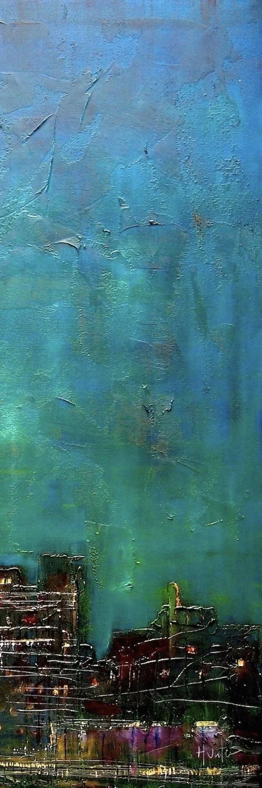 New York Nights Triptych: Teal blue abstract sky over glowing city silhouettes