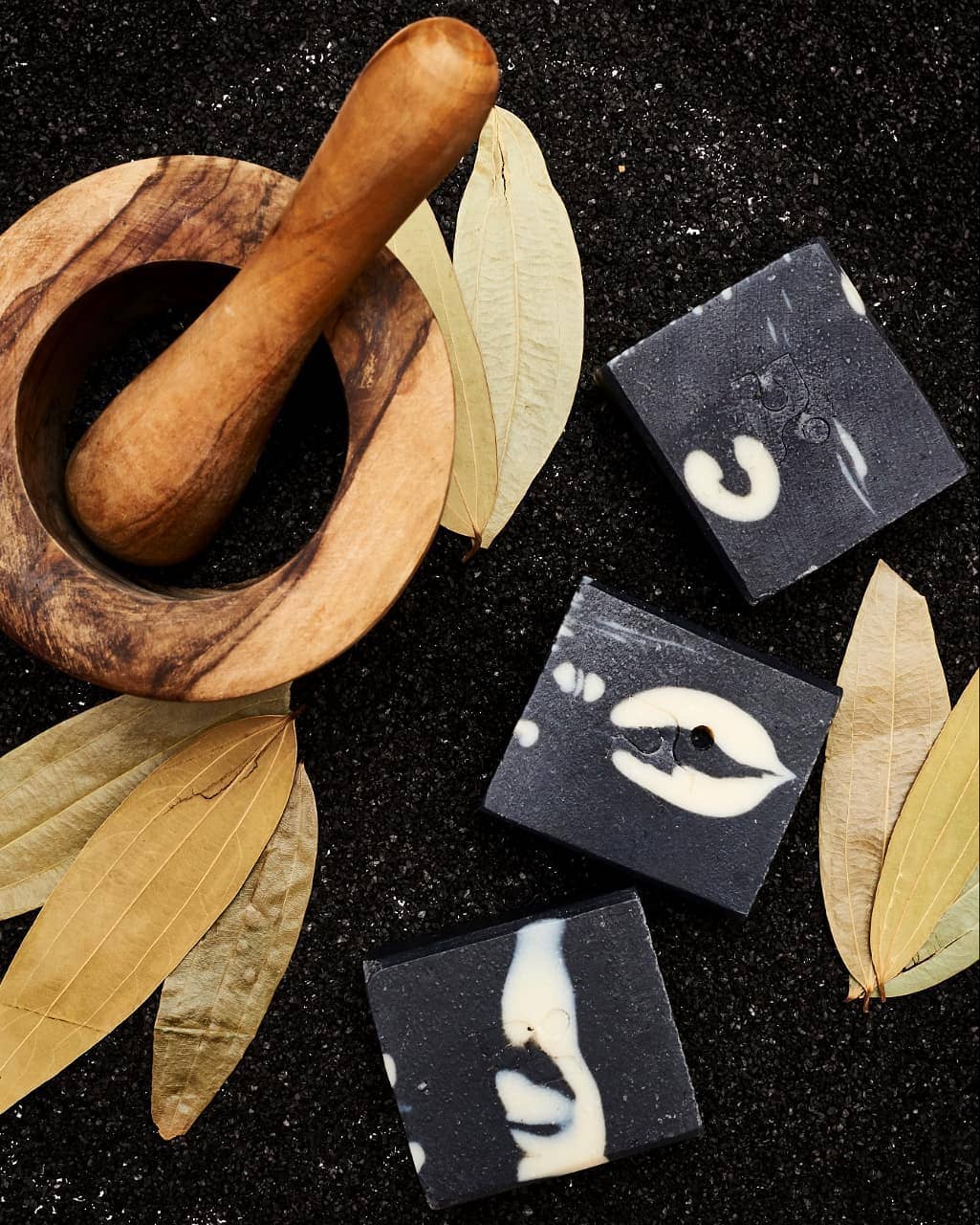 Night Watch 160g black soap bar with white abstract glossy stone texture